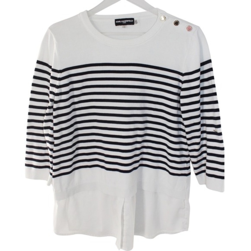 Karl Lagerfeld Paris Striped Layered Hem Sweater Blouse LG White Black